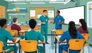 Medical students in scrubs attend a lecture in a classroom