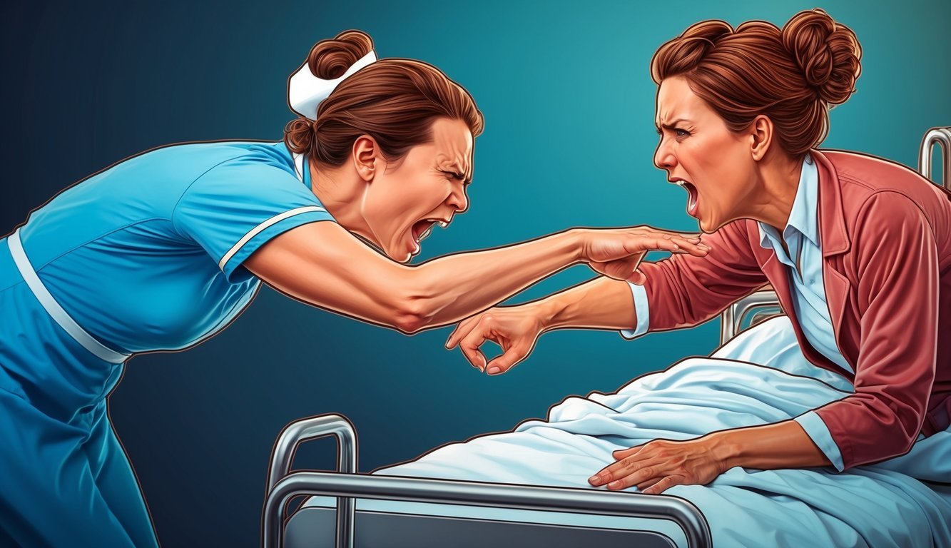 A patient aggressively lunges at a nurse, their body language tense and confrontational