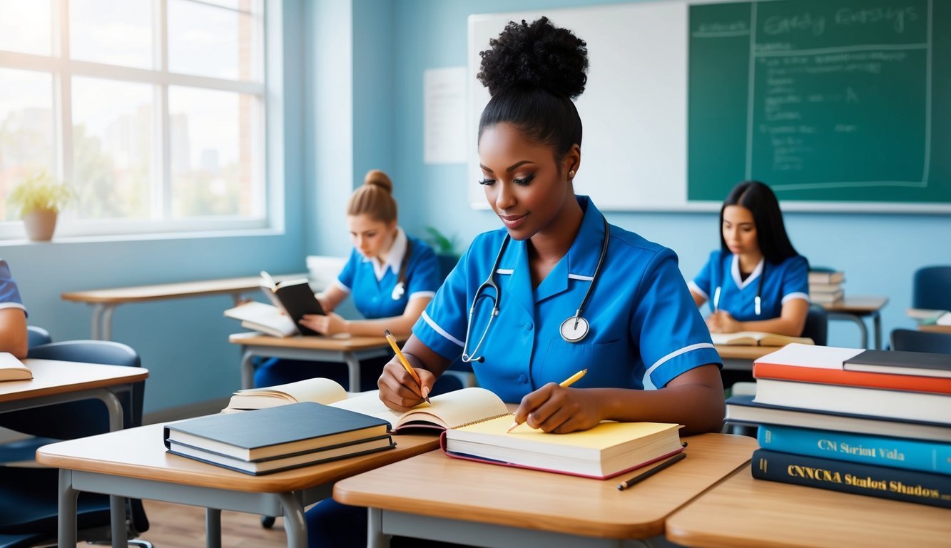 A CNA student in uniform studying textbooks and taking notes at a desk in a classroom
