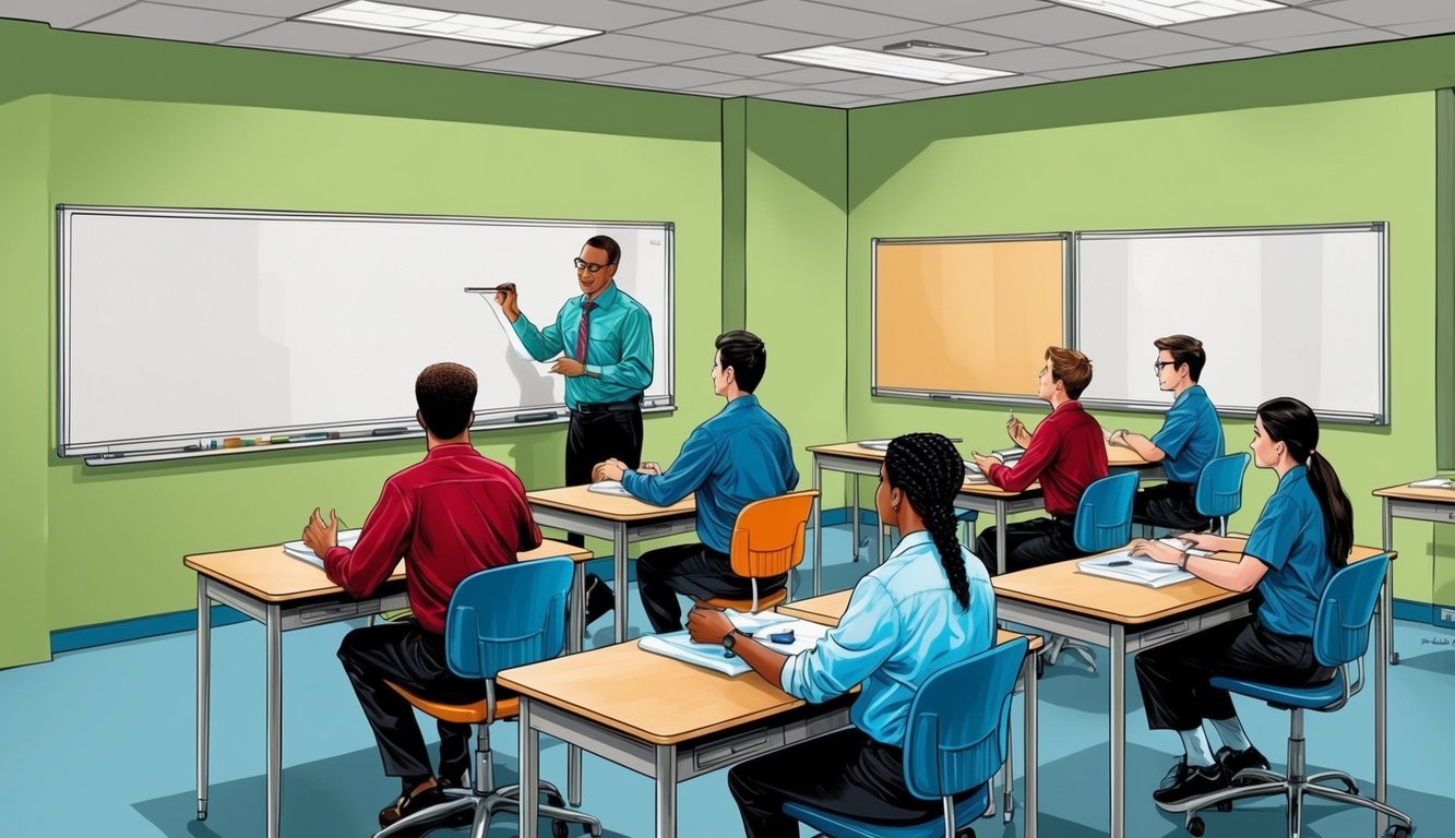 A classroom with a whiteboard, desks, and chairs.</p><p>A teacher instructs a group of students practicing medical procedures