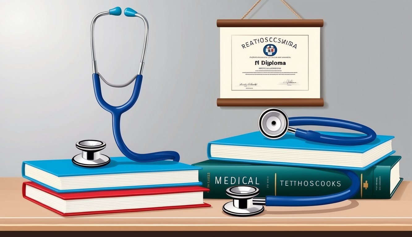 A stethoscope and medical textbooks on a desk, with a diploma hanging on the wall