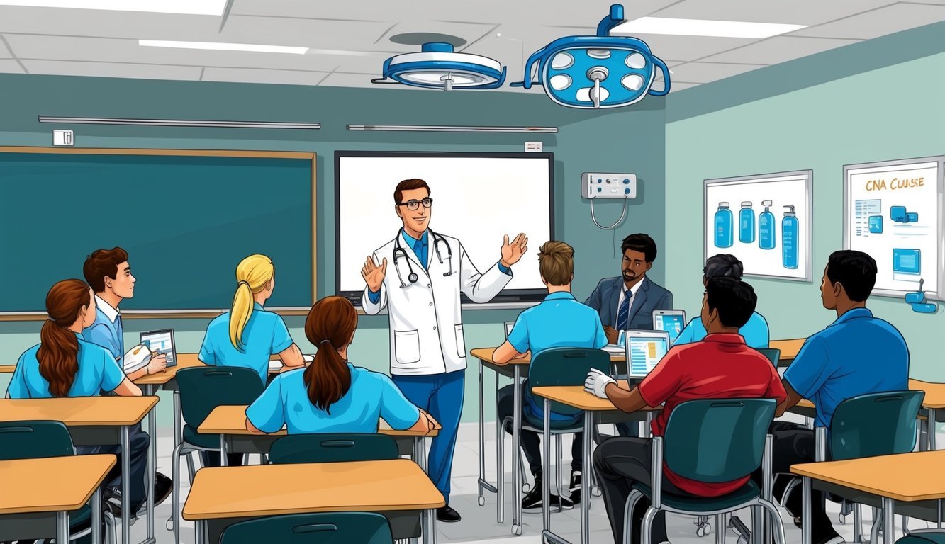 A classroom with medical equipment and a teacher instructing students in CNA course