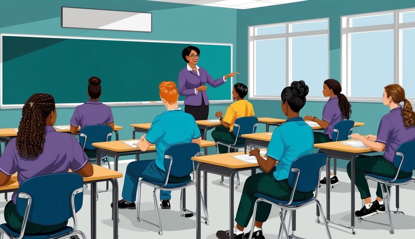 A classroom setting with desks, chairs, and a whiteboard.</p><p>A teacher instructs a group of students practicing nursing skills