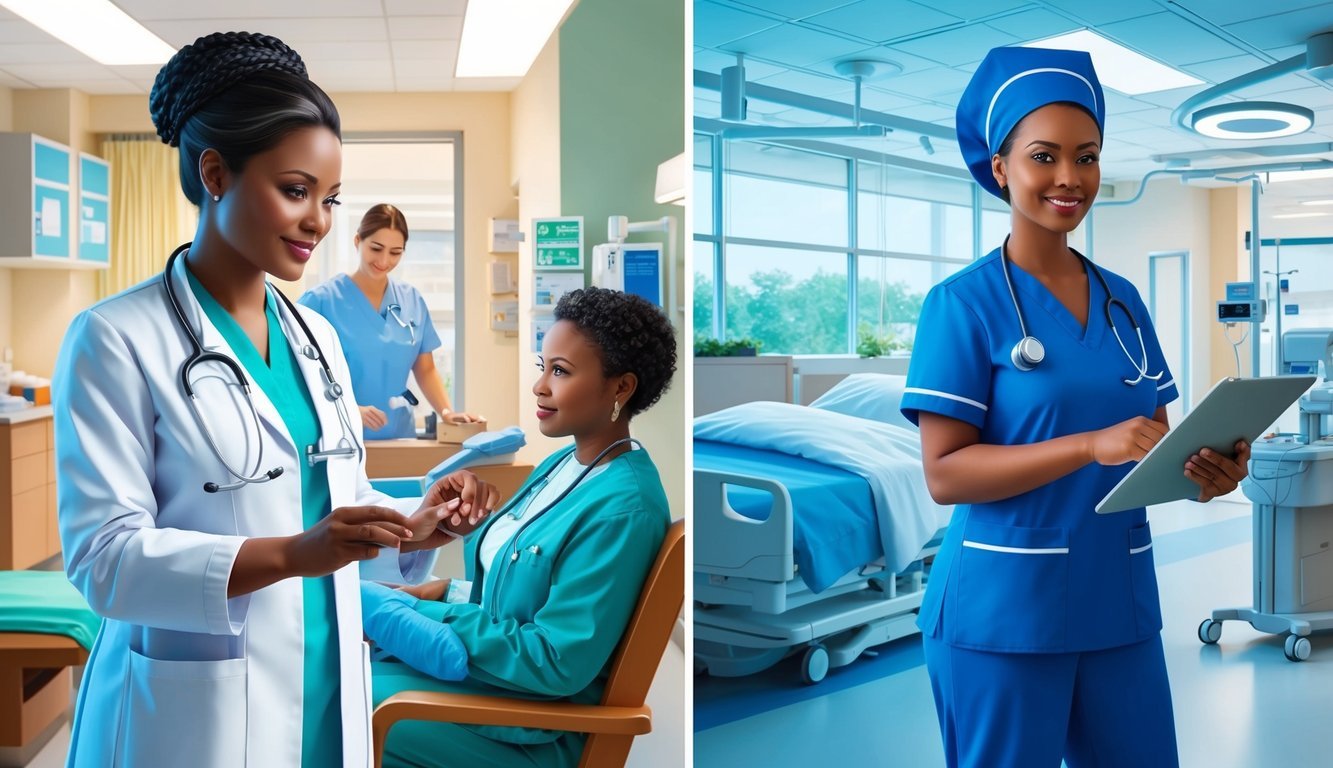 A nurse practitioner provides care in a bustling clinic, while a nurse with a master's degree in nursing works in a serene hospital setting