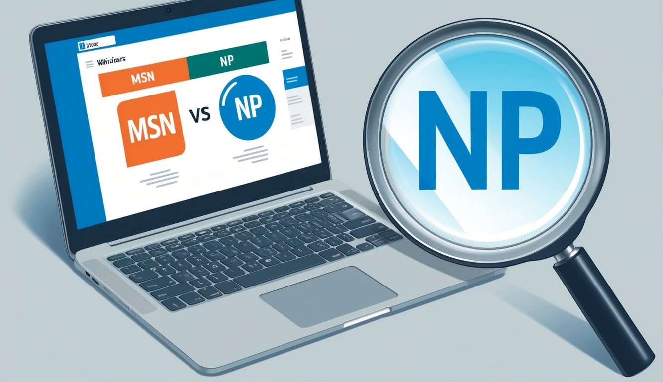 A laptop open to a comparison chart of MSN vs NP, with a magnifying glass hovering over the details