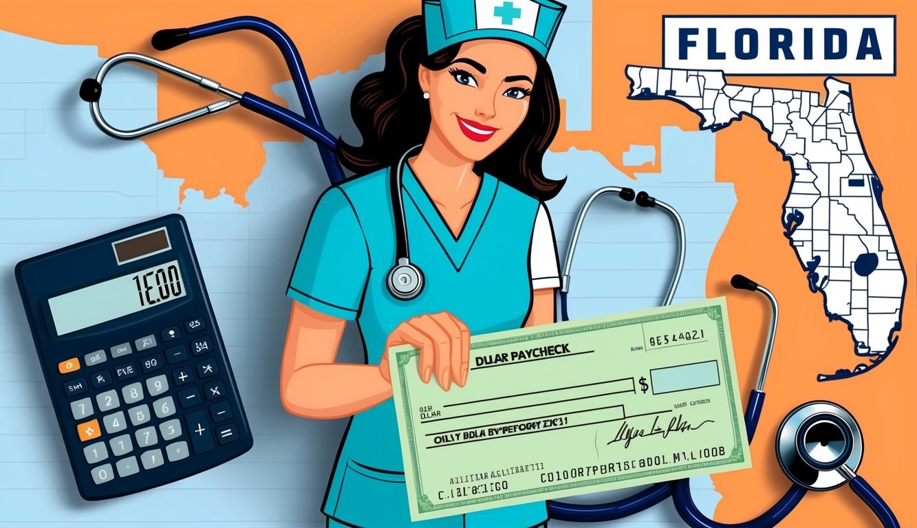 A nurse in scrubs holding a paycheck with a dollar sign, surrounded by a calculator, stethoscope, and a map of Florida