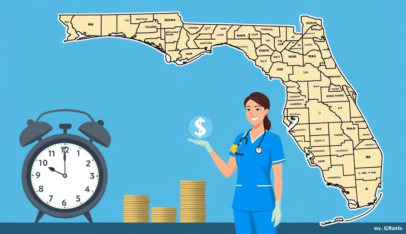 A nurse in scrubs standing in front of a Florida map with a dollar sign and a clock, representing LPN salary and hourly rate