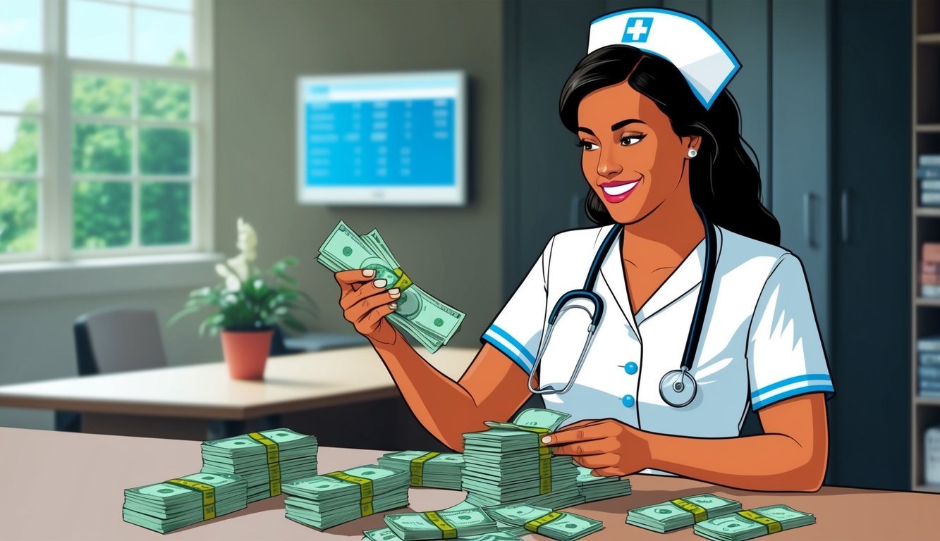 A nurse in Oklahoma counting money while looking at a salary report