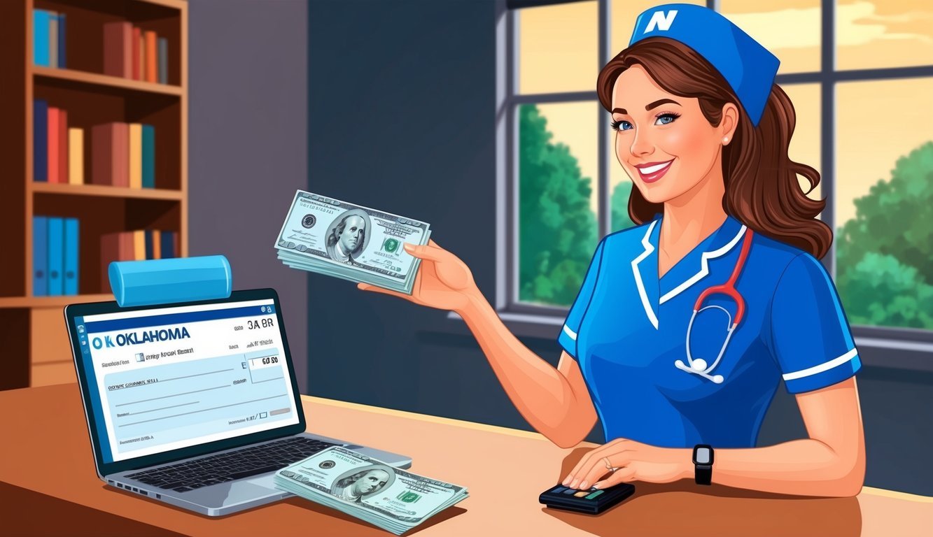 A nurse in Oklahoma receiving a paycheck with additional earnings and benefits