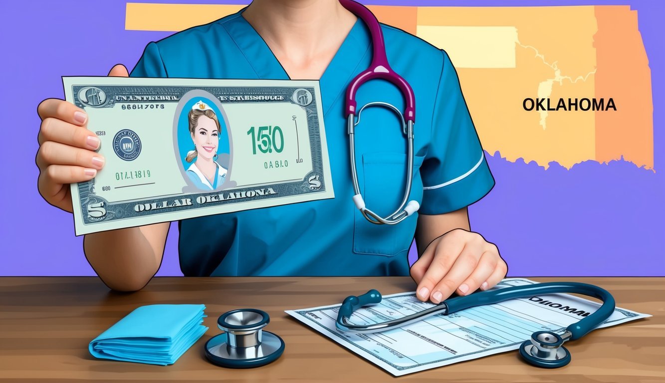A nurse in scrubs holding a paycheck with a dollar sign, a stethoscope draped over a table with a map of Oklahoma in the background