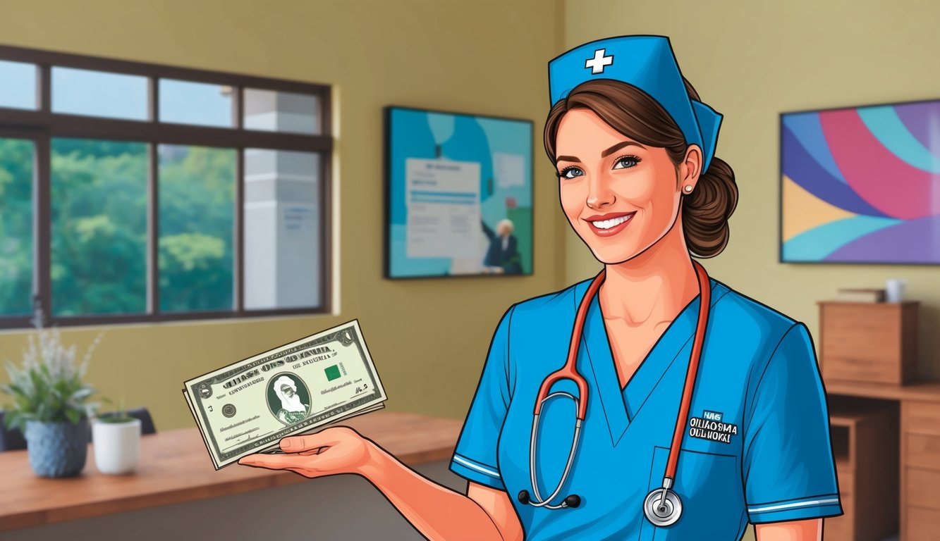A nurse in Oklahoma receiving a paycheck