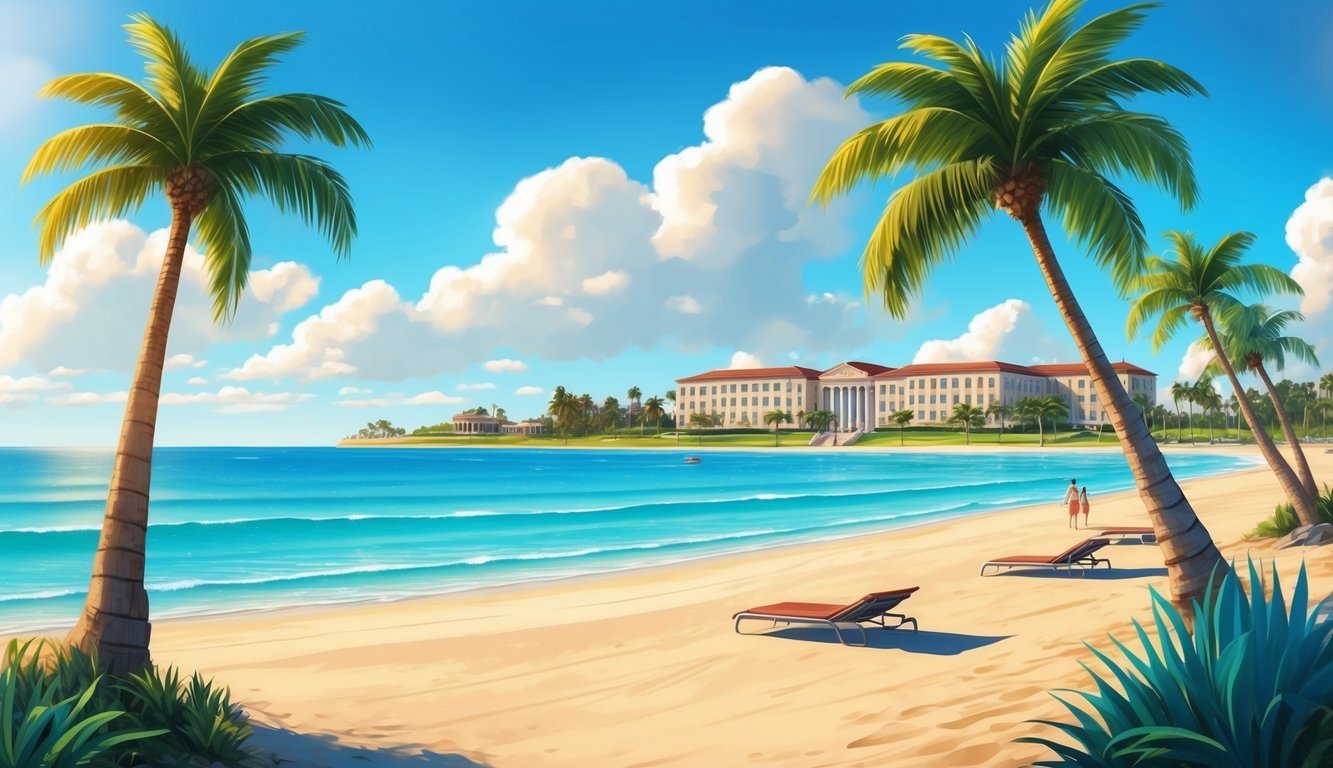 A sunny beach with palm trees and a clear blue ocean, with a university campus in the background