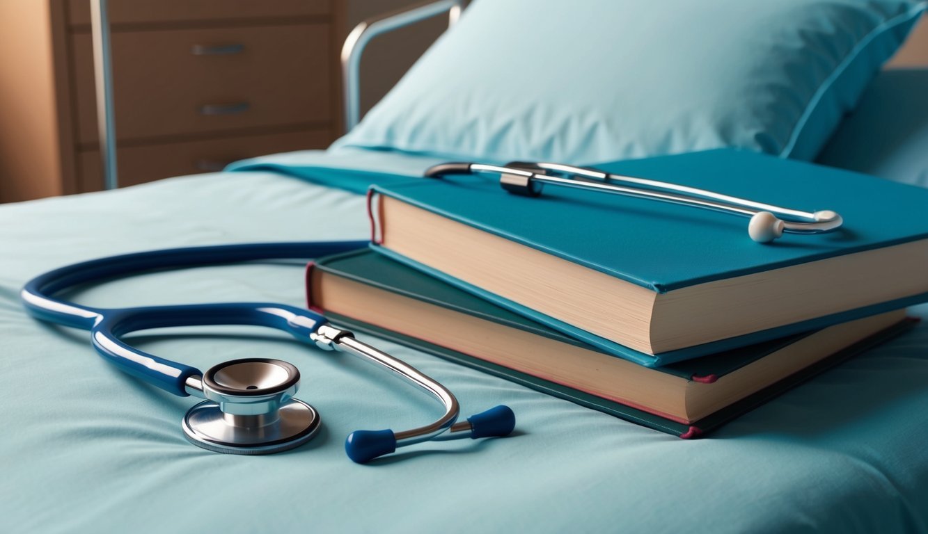 A stethoscope and nursing textbooks next to a hospital bed