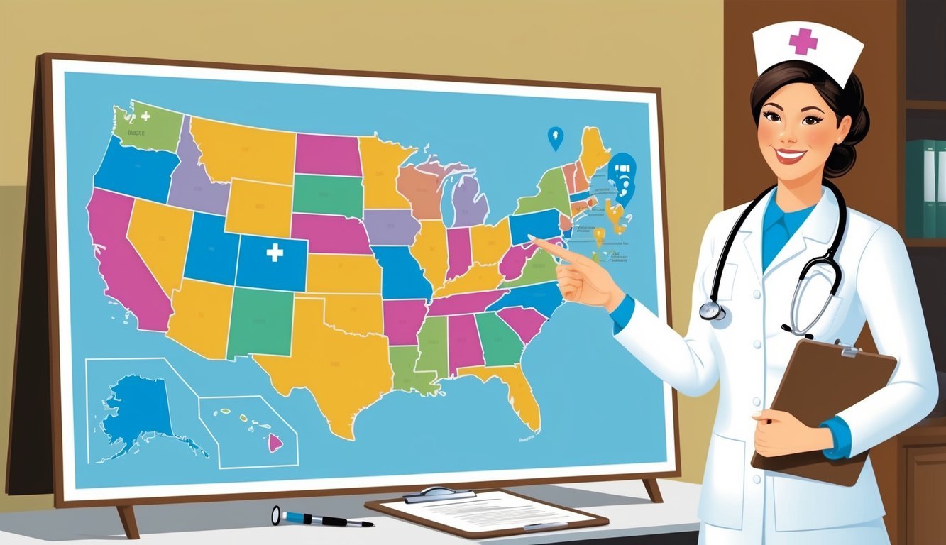 A nurse in a white uniform stands beside a map of the United States, pointing to different locations with a smile.</p><p>A stethoscope and clipboard sit on the table beside her