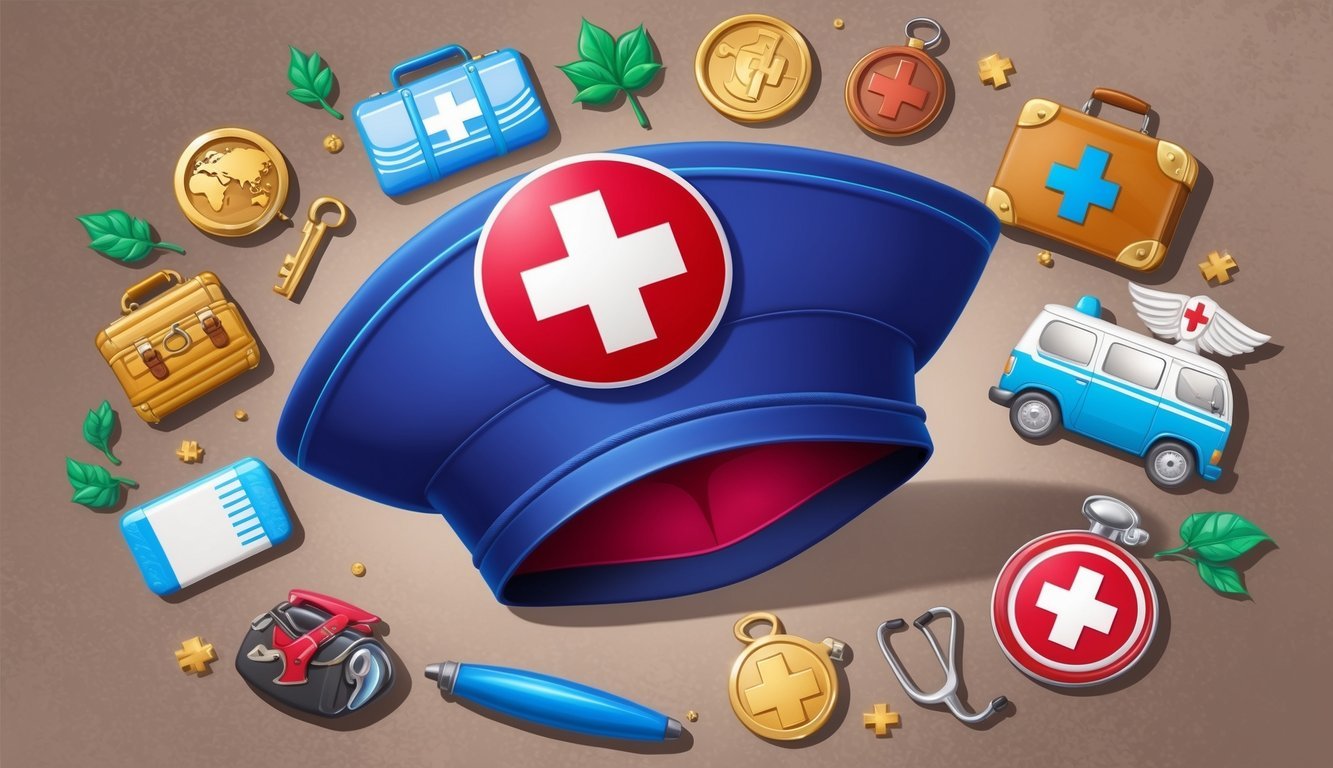 A nurse's cap surrounded by symbols of travel and nursing
