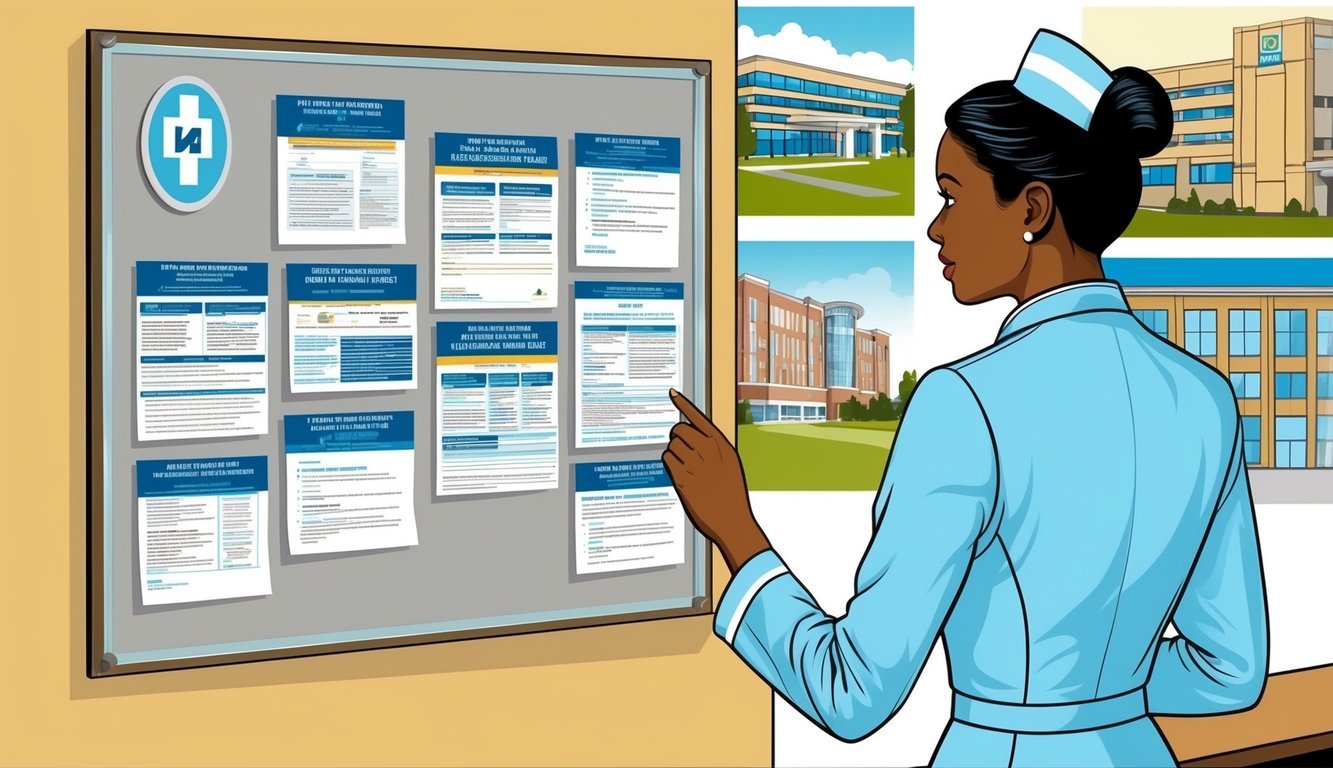 A nurse in a crisp uniform examines a bulletin board filled with job postings and career advancement opportunities.</p><p>The background features images of hospitals and educational institutions
