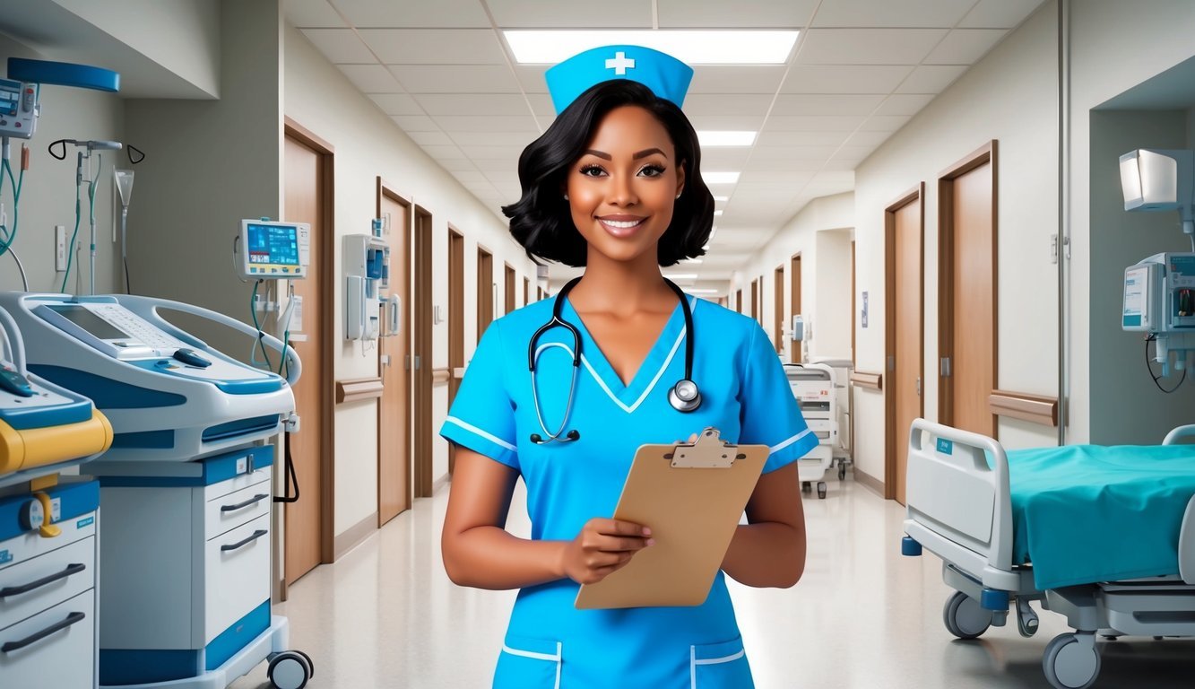 A nurse wearing scrubs and a stethoscope, standing in a hospital hallway with a clipboard, surrounded by medical equipment and a patient bed