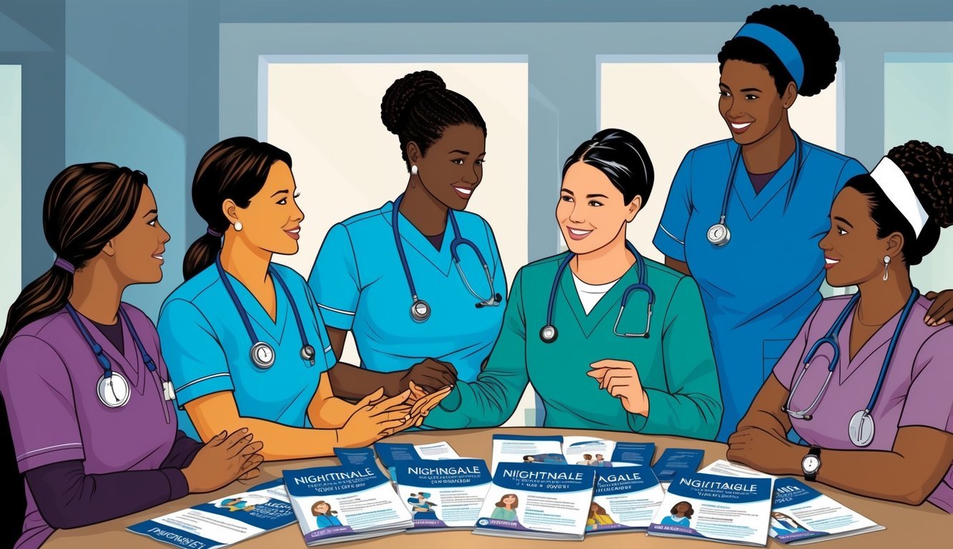 A group of nurses gather around a table, discussing career development opportunities at Nightingale Travel Nursing.</p><p>Brochures and informational materials are spread out, as the nurses engage in conversation