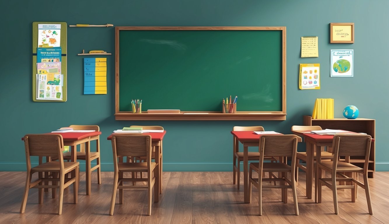 A classroom setting with a chalkboard, desks, and educational materials