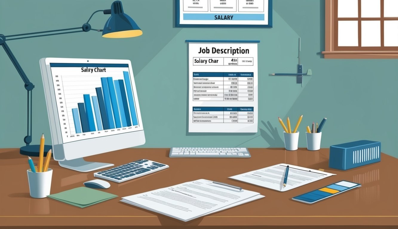 A desk with a computer, pen, and paper.</p><p>A salary chart and job description on the wall