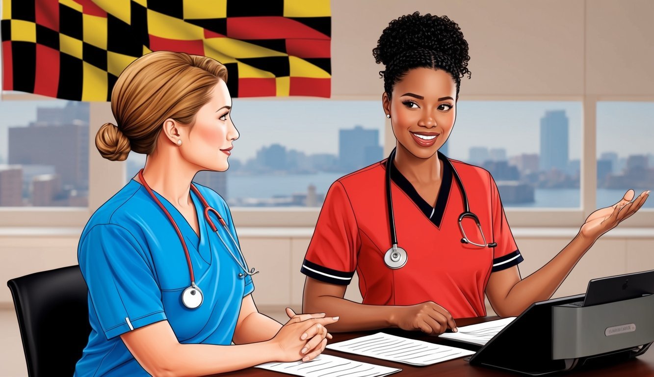 A nurse in scrubs answering questions at a desk with a Maryland state flag in the background