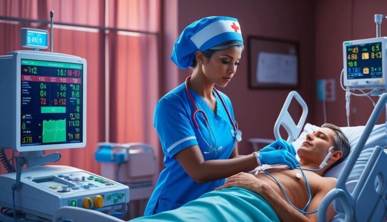 Nurse tending to patient in hospital bed, monitors displaying vital signs