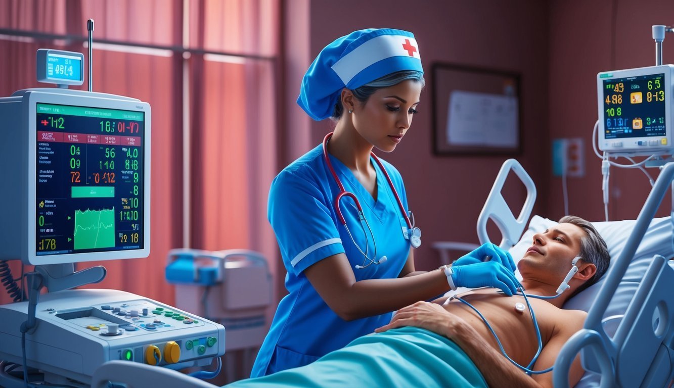 Nurse tending to patient in hospital bed, monitors displaying vital signs