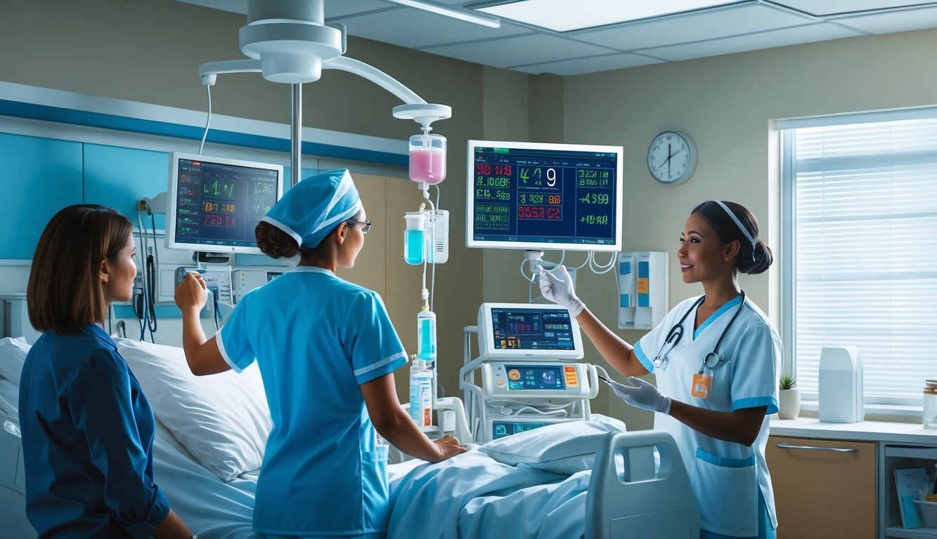 A CCU nurse monitors vital signs and adjusts IV medication while communicating with a patient's family