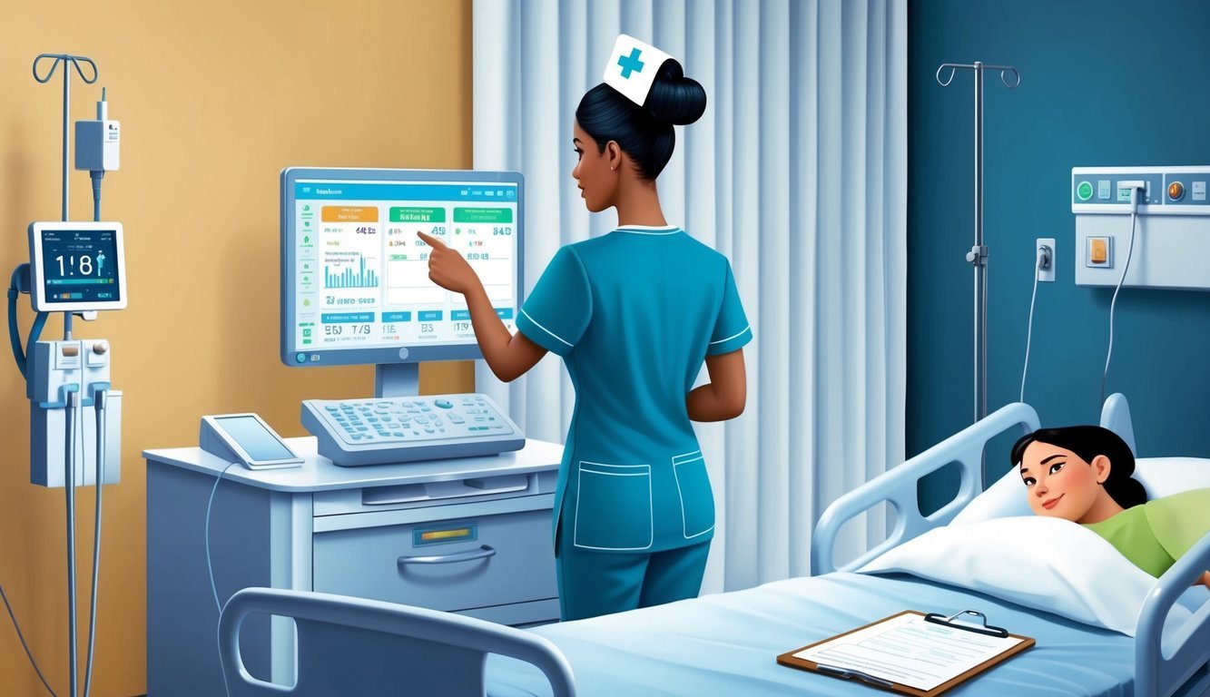 A nurse in scrubs stands next to a hospital bed, checking a patient's vitals on a monitor.</p><p>Medical equipment and a clipboard are nearby