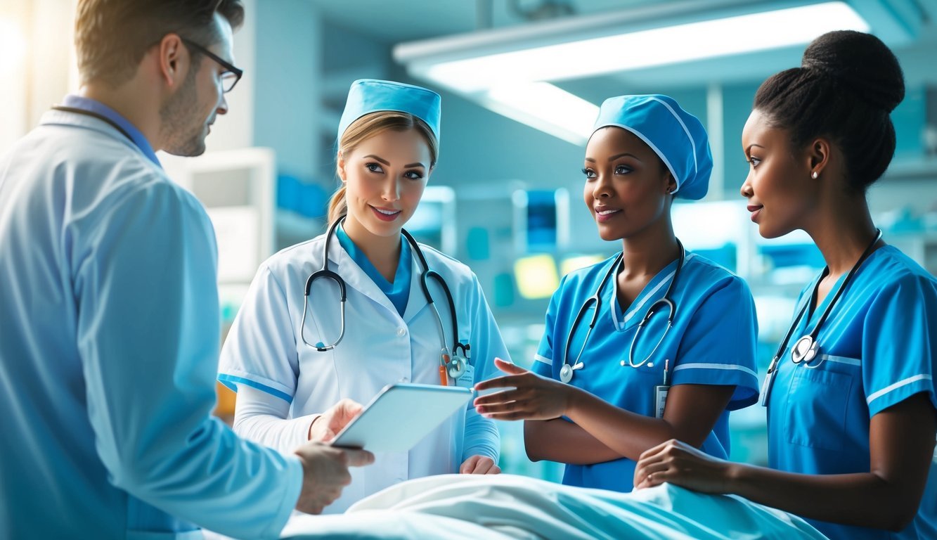 A nurse in a busy critical care unit collaborates with other healthcare professionals, discussing patient care and treatment plans