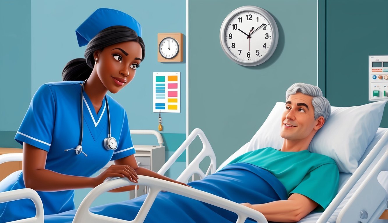 A nursing student in scrubs watches a clock on the wall while attending to a patient in a hospital bed