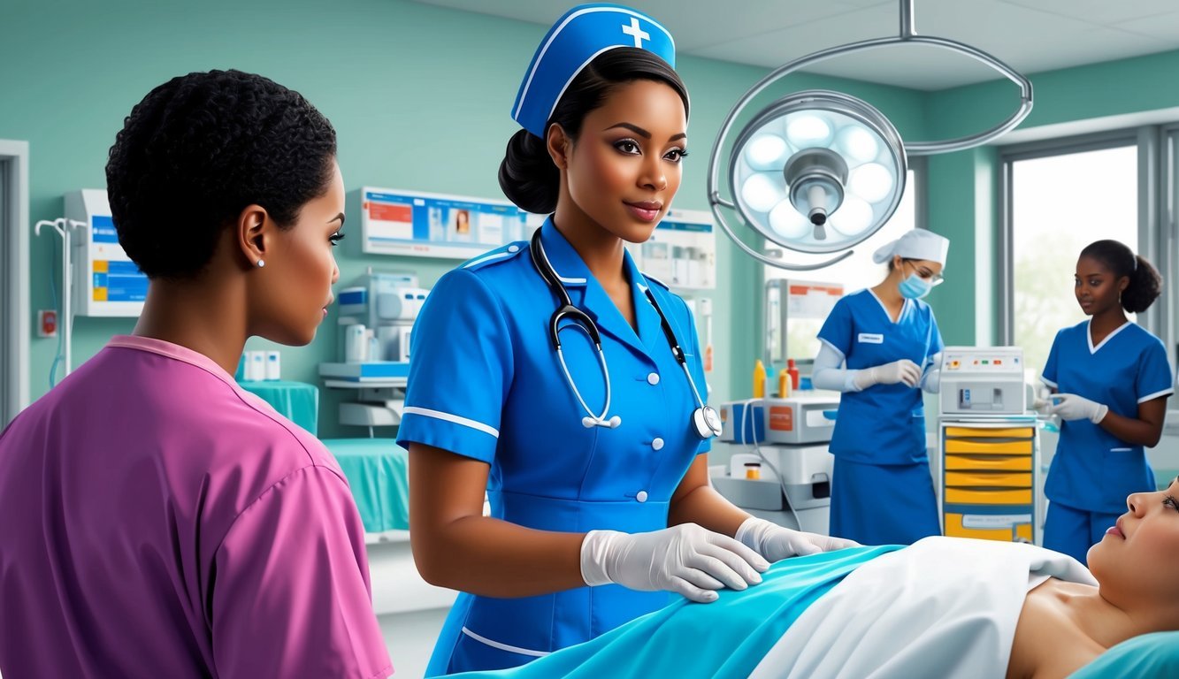 A nurse in uniform observing a medical procedure in a hospital setting