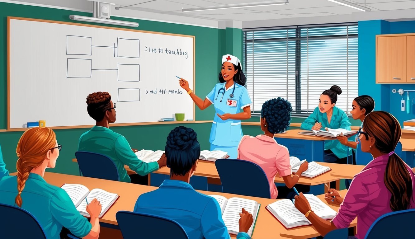 A classroom setting with a whiteboard, textbooks, and medical equipment.</p><p>A nurse is teaching a group of students, who are engaged and taking notes