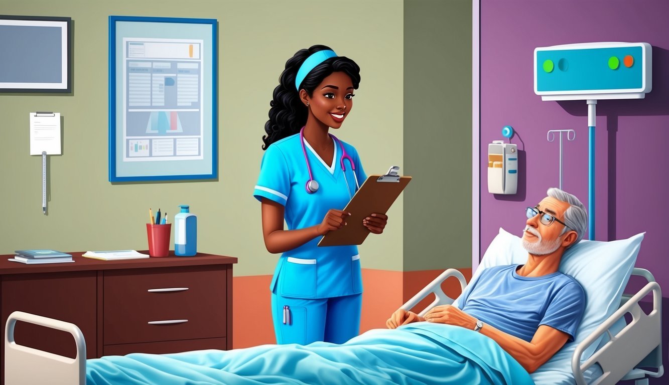 A nursing student in scrubs standing next to a hospital bed, talking to a patient with a clipboard in hand