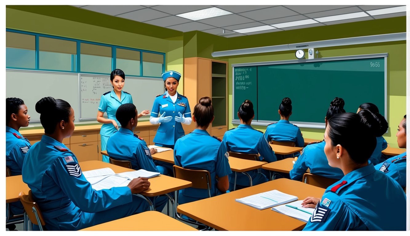 A military nurse in uniform instructing a group of trainees in a classroom setting