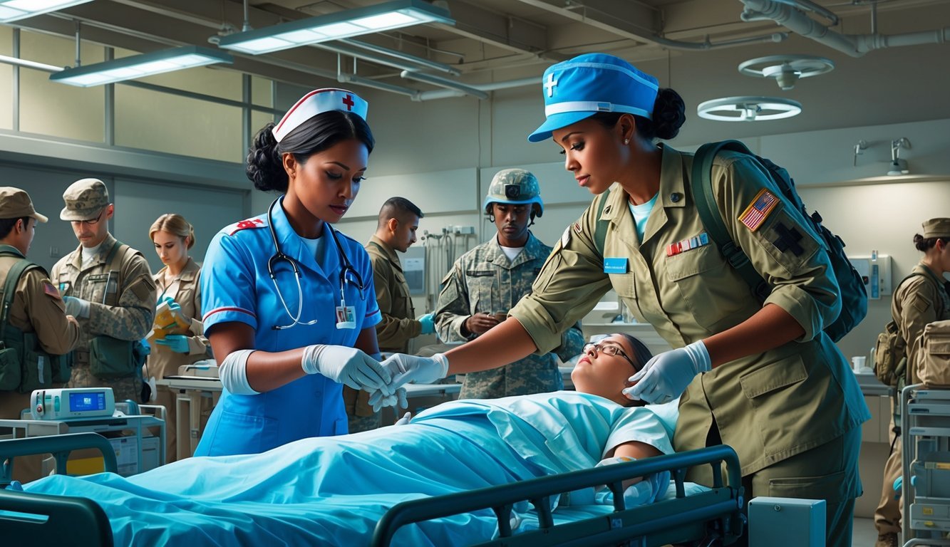 A military nurse providing care in a field hospital, surrounded by medical equipment and personnel, facing the challenges and rewards of their career