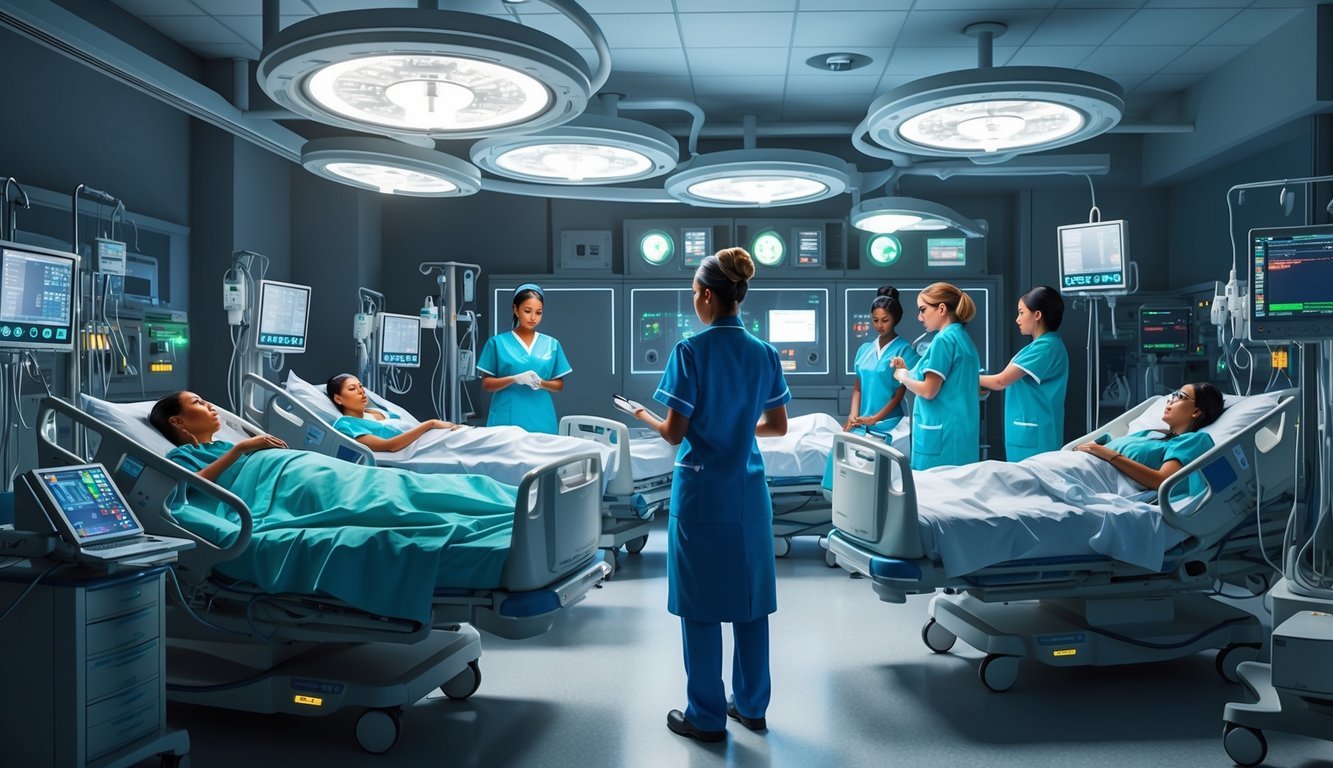 A busy critical care nurse monitors multiple patients in a dimly lit, high-tech hospital room filled with beeping machines and medical equipment