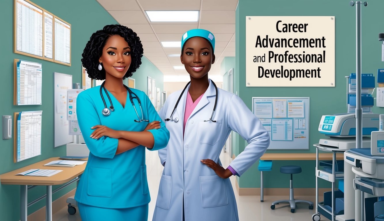 A nurse in a lab coat stands confidently in a hospital hallway, surrounded by charts and medical equipment.</p><p>A sign reading "Career Advancement and Professional Development" hangs on the wall behind them