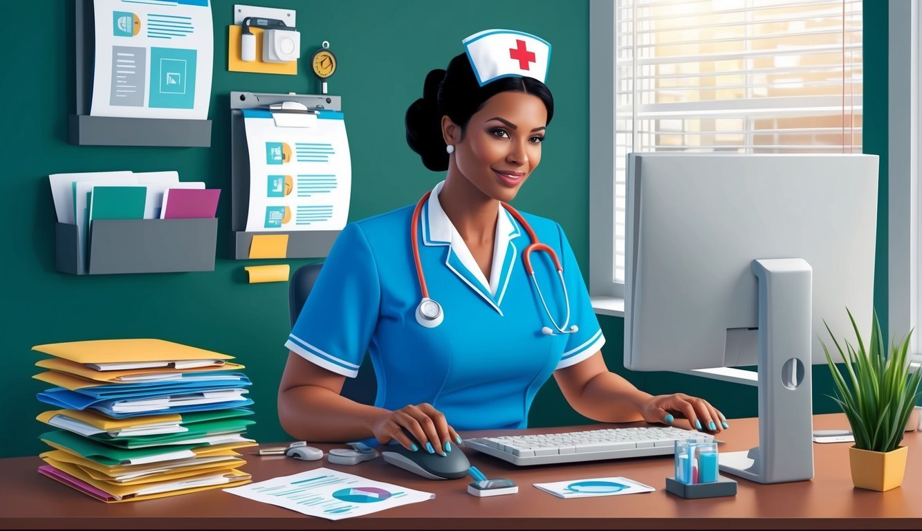 A nurse at a computer desk, surrounded by folders and medical equipment, answering questions from patients and colleagues