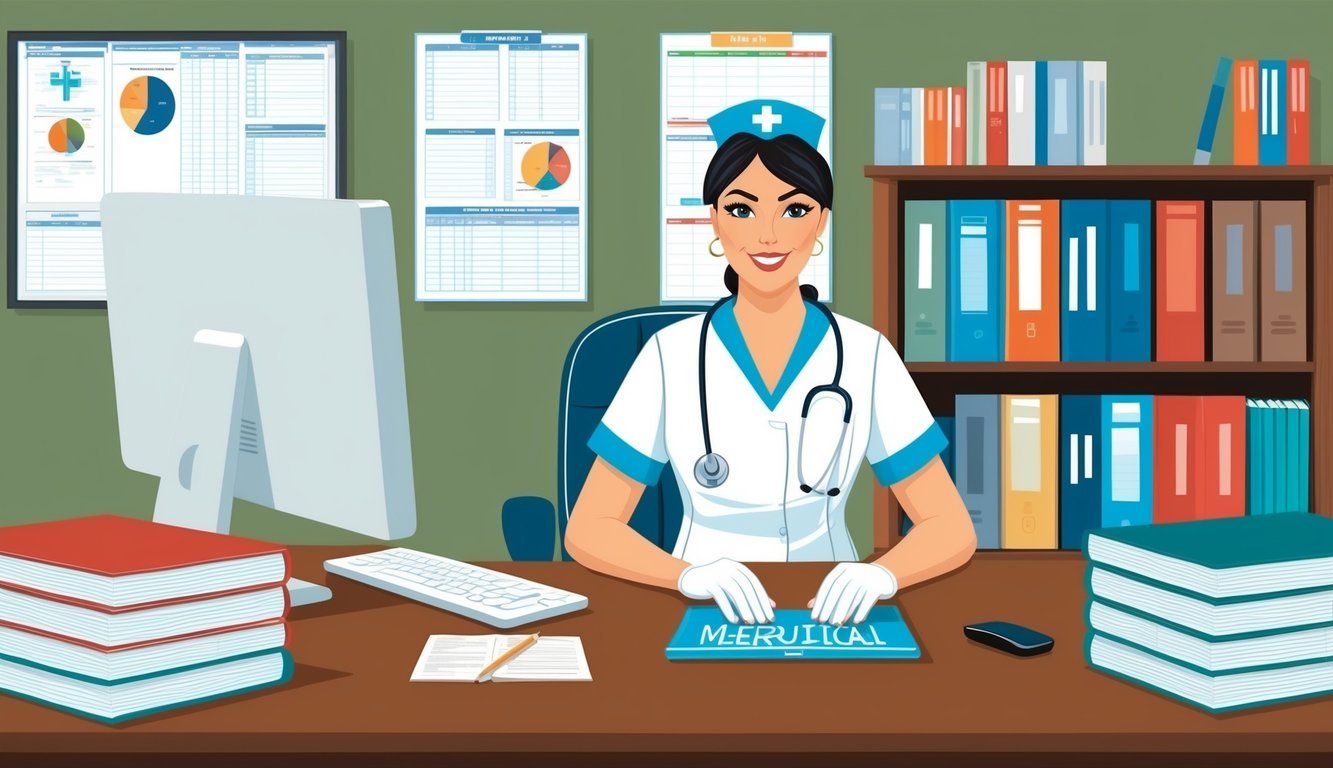 A nurse at a desk, with a computer and phone, surrounded by medical charts and reference books