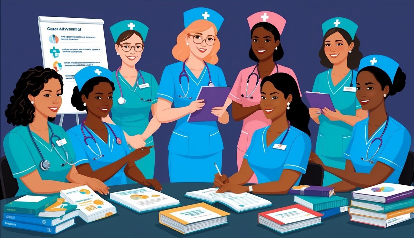 A group of nurses attending a career advancement seminar, surrounded by educational materials and resources