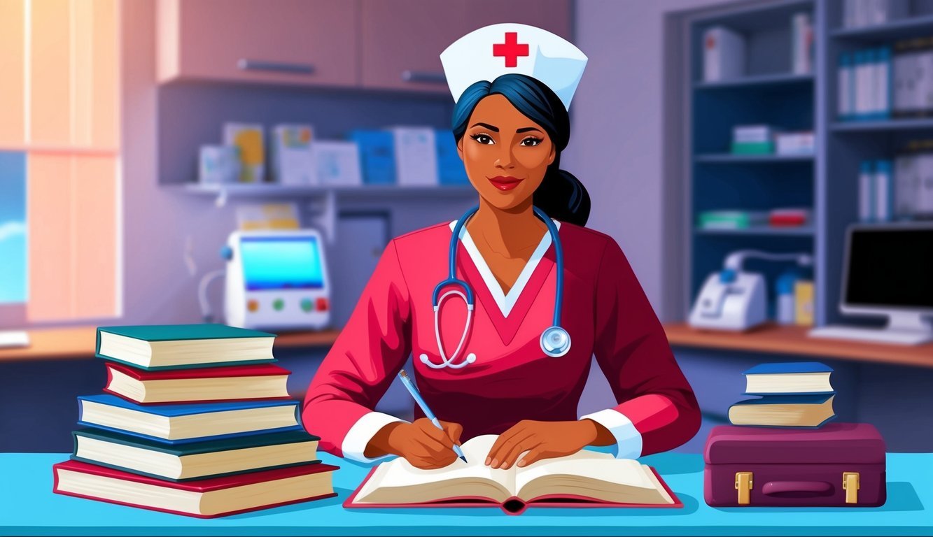A triage nurse studying with textbooks and medical equipment nearby