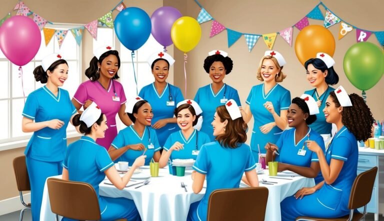 Group of nurses celebrating at a decorated table with balloons and banners