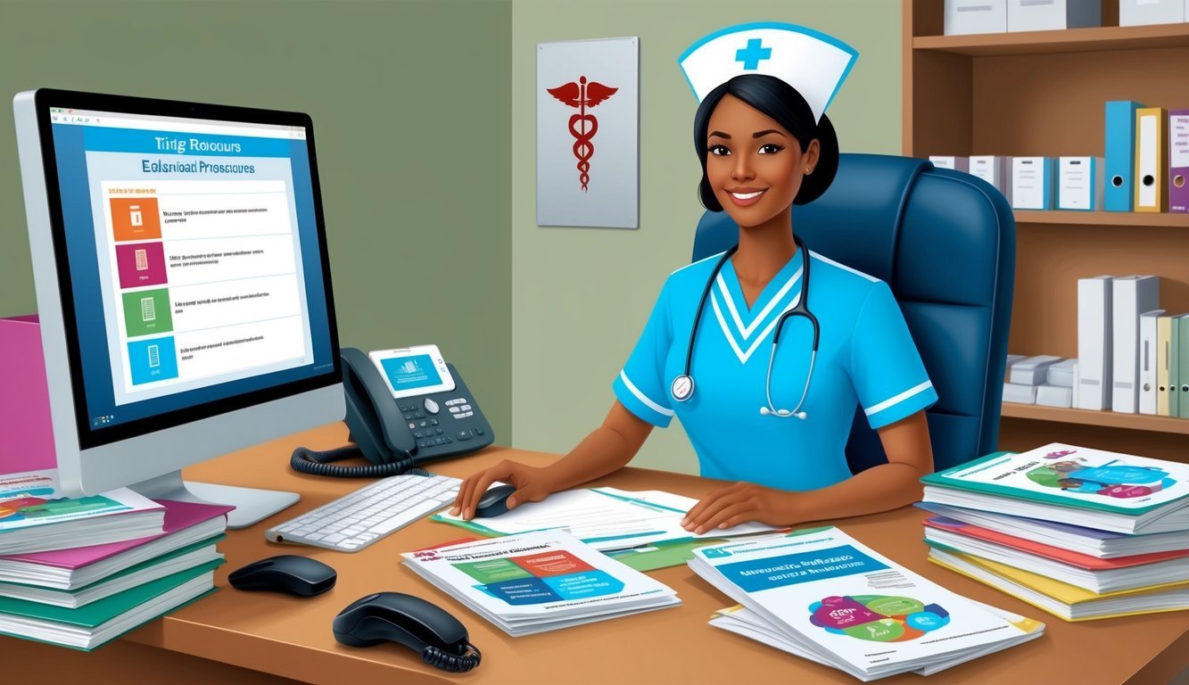 A nurse at a desk with a computer, phone, and files, surrounded by educational materials and resources on triage procedures
