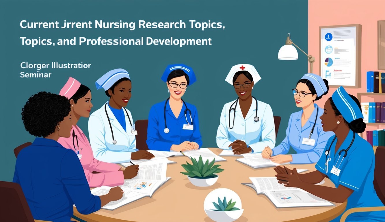 A group of nurses engage in a seminar, discussing current nursing research topics and professional development