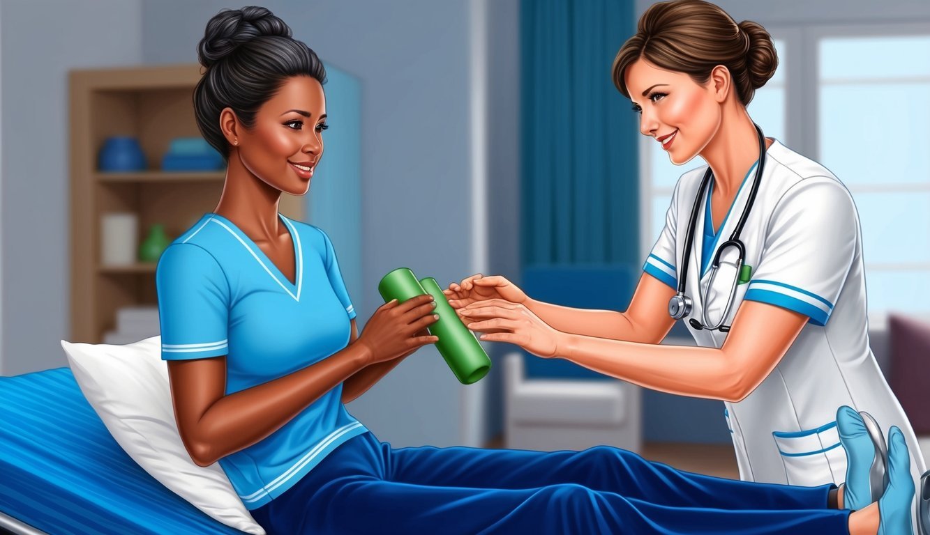 A rehab nurse assisting a patient with mobility exercises