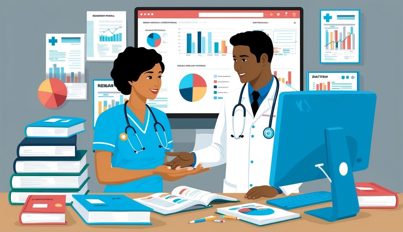 A nurse and a healthcare professional discussing research topics, surrounded by medical journals and a computer displaying data trends
