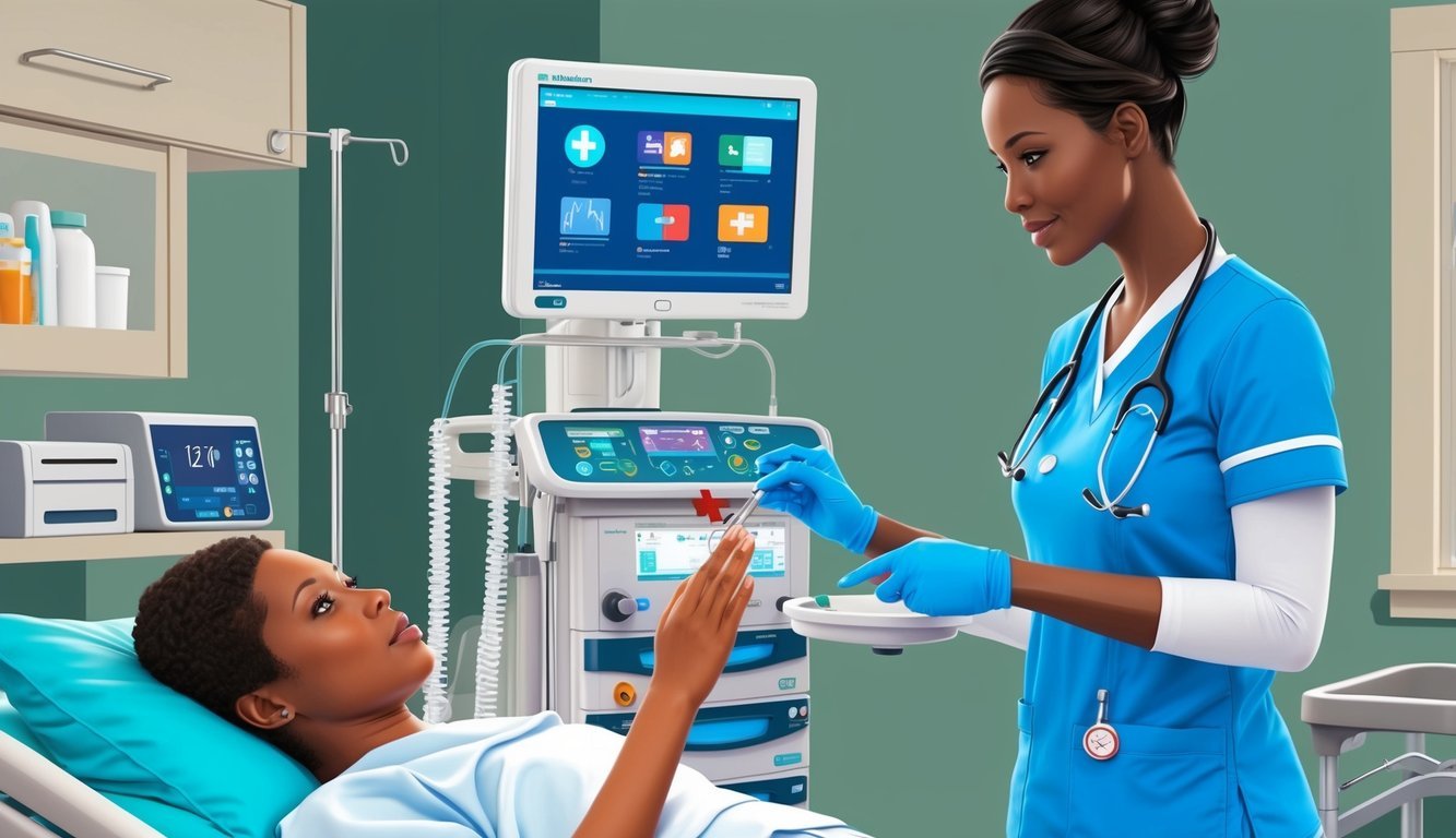 A rehab nurse demonstrates clinical skills with medical equipment