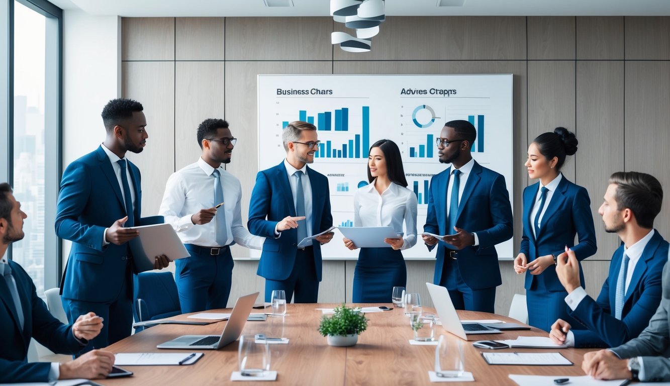 A group of professionals in business attire discuss charts and graphs in a modern conference room