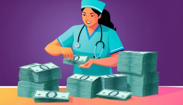 Nurse in scrubs smiles while counting stacks of money